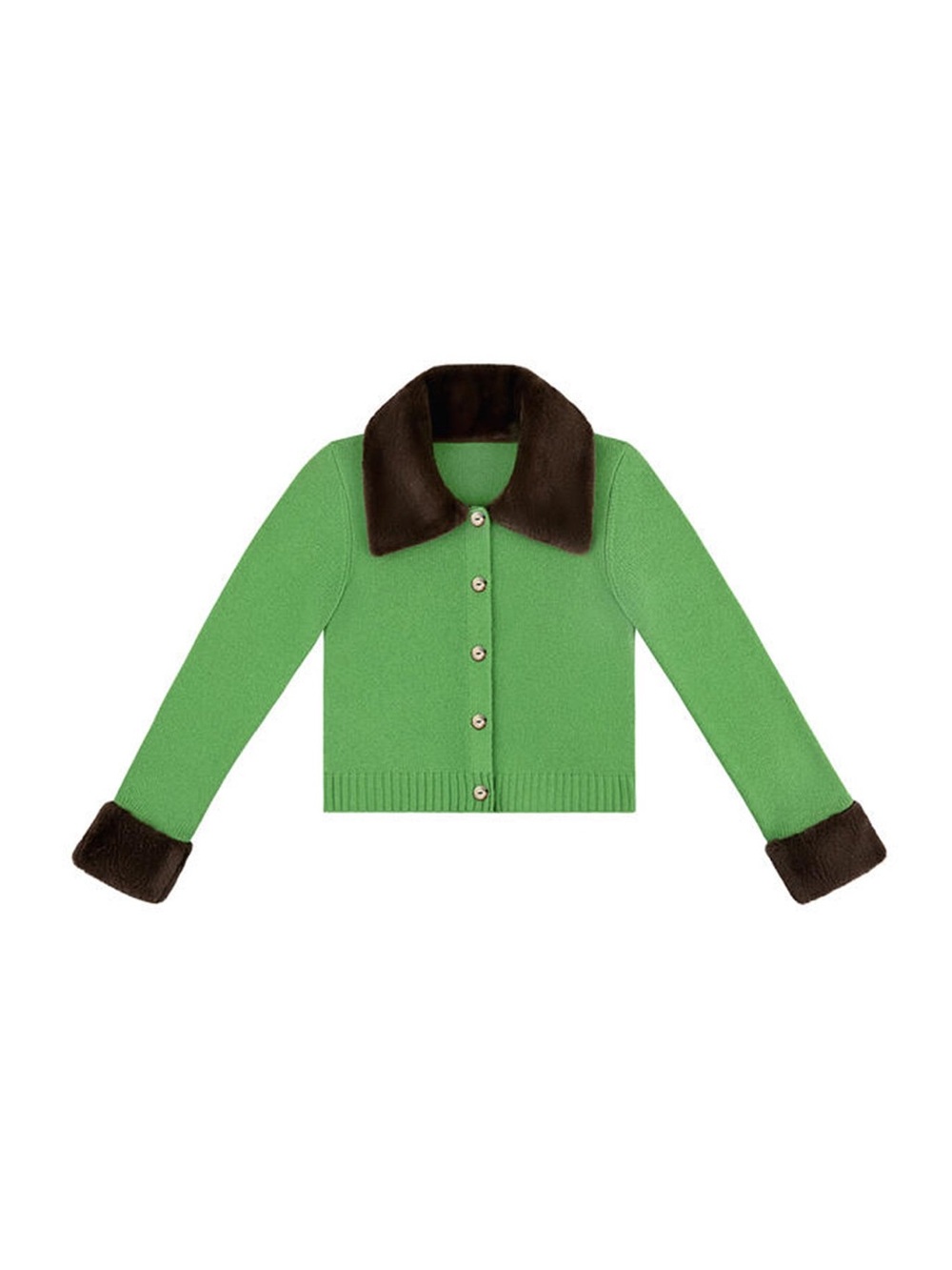 Green Cropped Cardigan with Brown Faux-Fur Trim